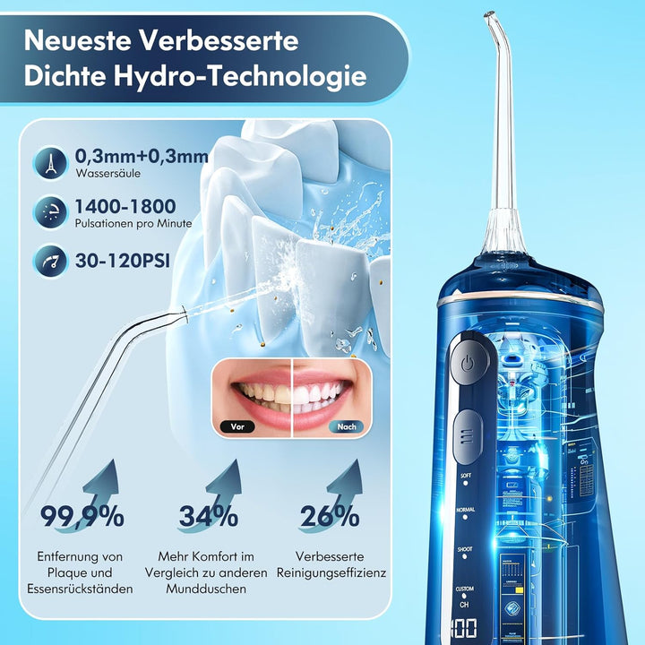 Munddusche Kabellos, Water Flosser for Teeth Mit 4 Modi &amp; 8 Anpassbaren Stufen 7 Düsen 300ML Tank Mu
