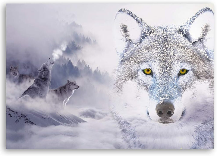 Feeby Bild auf Leinwand Wölfe Kunstdruck modern Schnee Weiss 80x60 cm Leinwandbild 80x60 cm Weiss_a,