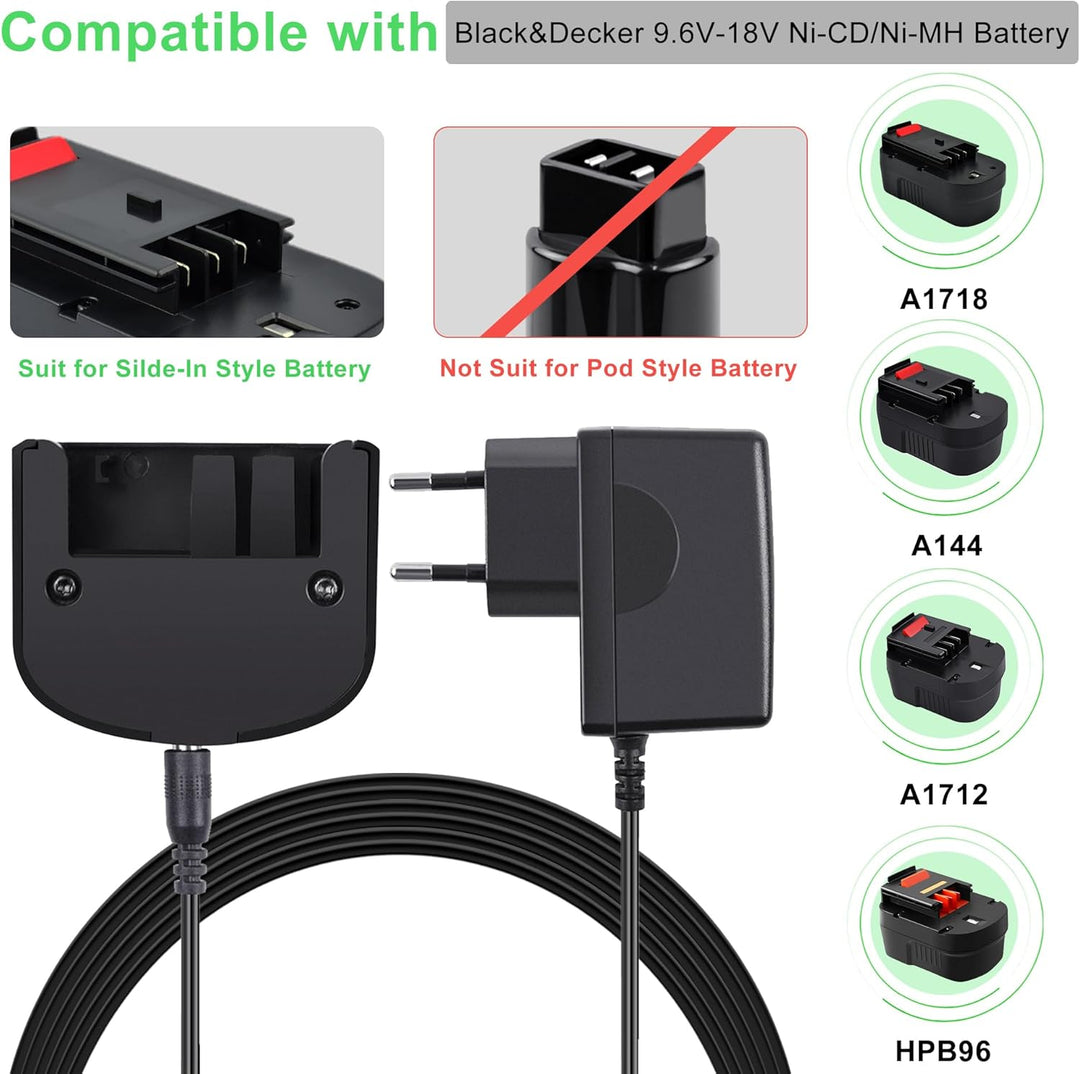 9.6V-18V Ladegerät für Black+Decker 9.6V 12V 14.4V 18V NI-MH/NI-Cd Akkus, für HPB12 HPB14 HBP18 A171