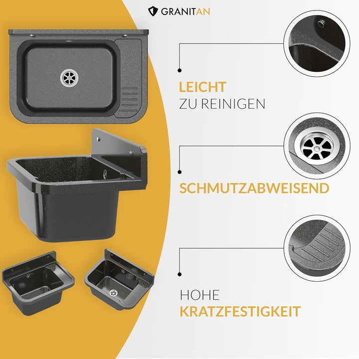 Granitan Ausgussbecken für Garage Keller Werkstatt und Waschküche - Universal Waschtrog Set mit Siph