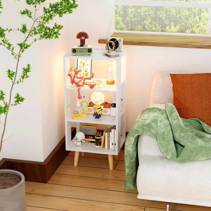 Nachttisch mit LED-Leuchten und Ladestation, Beistelltisch mit 3 Offenes Regalen, Nachtschrank mit U