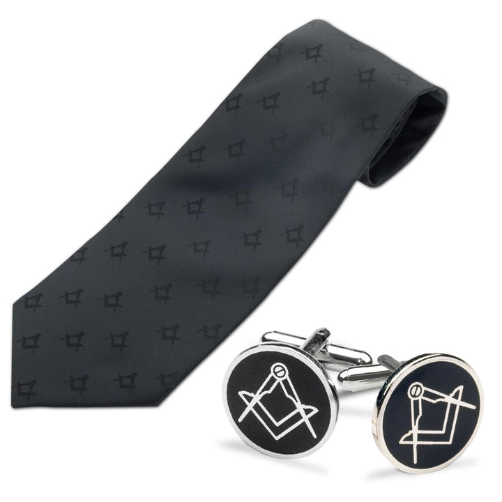 THE MASONIC COLLECTION - Schwarze Freimaurer-Krawatte und Manschettenknöpfe – 100 % Polygewebt mit Q