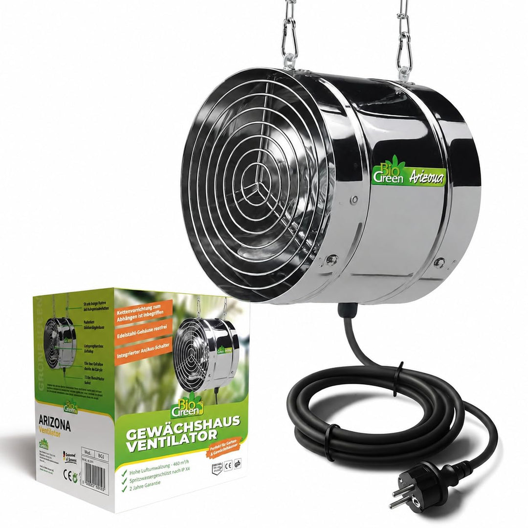 Bio Green Ventilator, 31W, 460 qm/h für Gewächshaus und Wintergarten, IP X4 spritzwassergeschützt, E