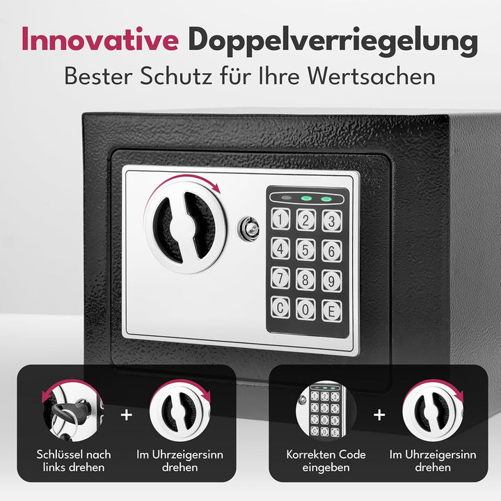 LEBENLANG 5L Safe Tresor für Zuhause - Inkl. Feuerfester Dokumententasche & Notschlüssel I Schranktr