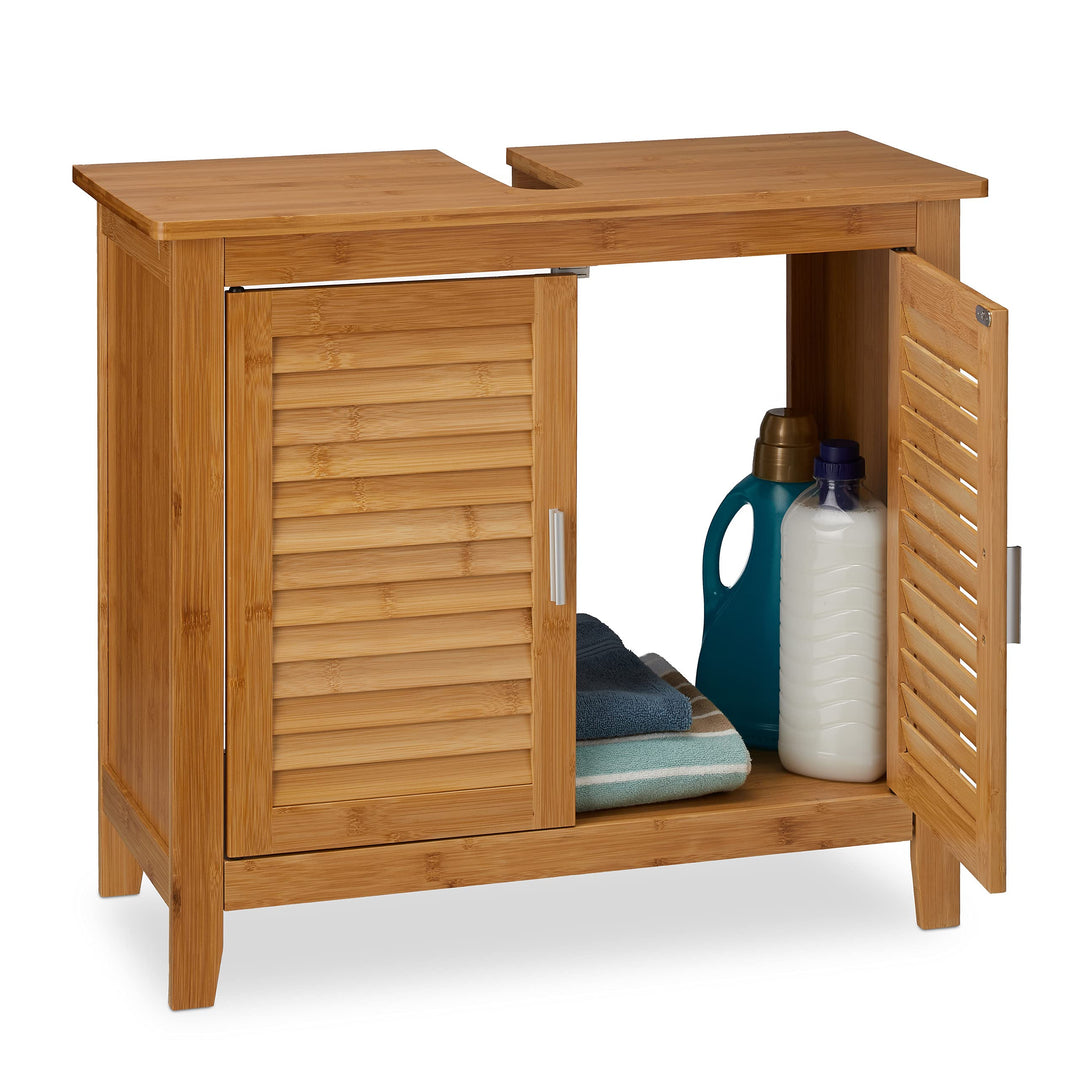 Relaxdays Waschbeckenunterschrank LAMELL, 2 Türen, Waschbecken &amp; Waschtisch, Bambus &amp; MDF, HBT: 60 x