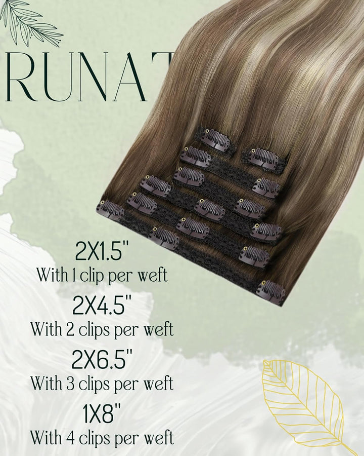 RUNATURE Clip Extensions Echthaar Balayage Braun Blond Glatt Echte Haare Extensions Clip in 7Pcs 135