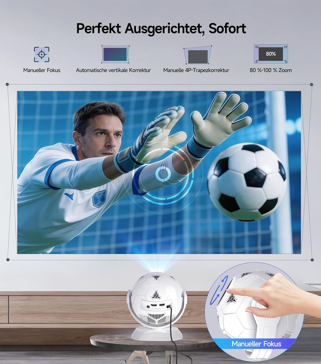 Magcubic Mini Beamer Projektor 4K Support, 360° Fussball-Motiv Beamer Klein Heimkino Outdoor WiFi 6