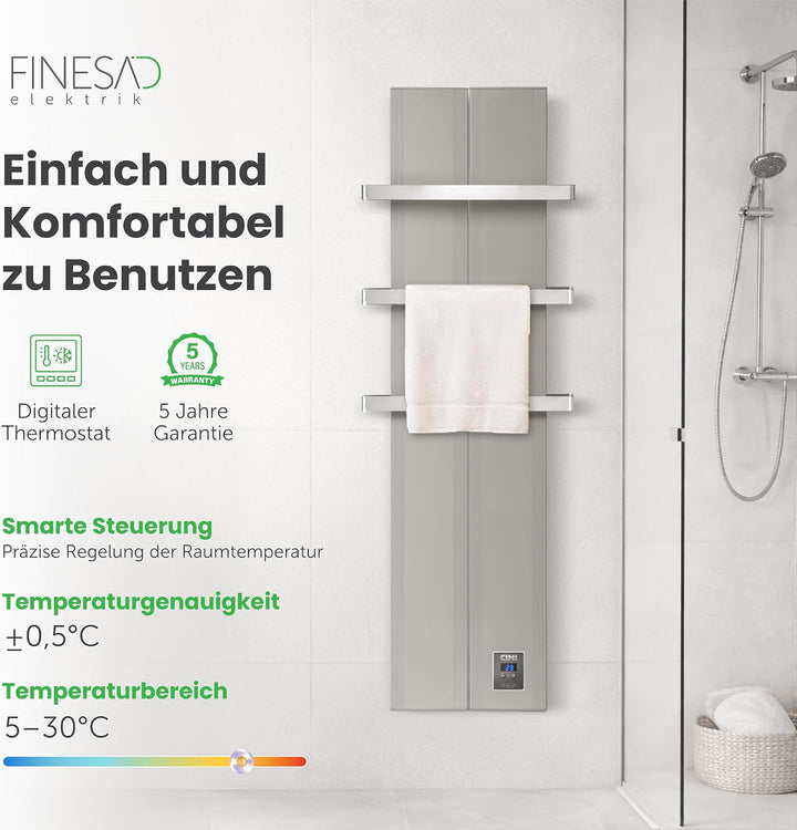 Finesa-D Badheizkörper elektrisch mit Thermostat 600×408 mm | 400 W – Flacher Paneel Design Handtuch