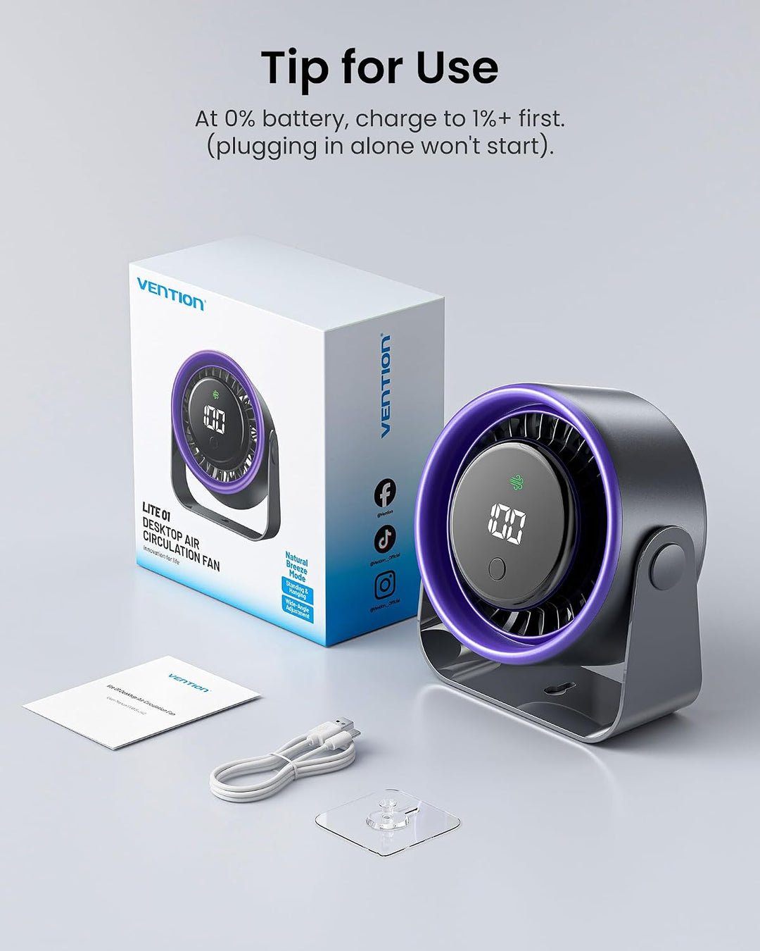 VENTION Desktop Fan 4-Speed Quiet 120° Tilt LED Display Wall Mountable | portable desk fan, strong a