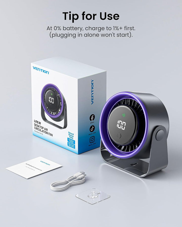 VENTION Desktop Fan 4-Speed Quiet 120° Tilt LED Display Wall Mountable | portable desk fan, strong a