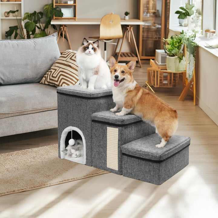 Newthinking Hundetreppe 3 Stufen mit Stauraum, rutschfeste &amp; Faltbare Treppe für kleine Hunde, älter