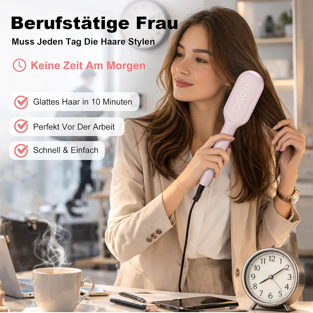 Glättbürste Ionen Haarglätter Bürste, iToncs Haarglättungsbürste 2 in 1, Anti-Verbrühungs &amp; Speicher