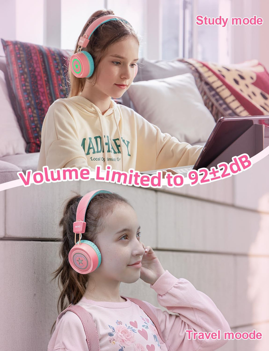 riyo Bluetooth Kopfhörer Kinder, Kinderkopfhörer Kabellos mit LED-Leuchten Bluetooth 5.0 Kinder Kopf