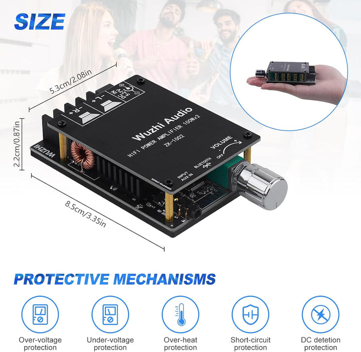HiFi-Verstärker mit Bluetooth 5.0-Audioverstärkungskarte, ZK-1002 2.0-Kanal 100W x 2 Mini-Stereo-Lei