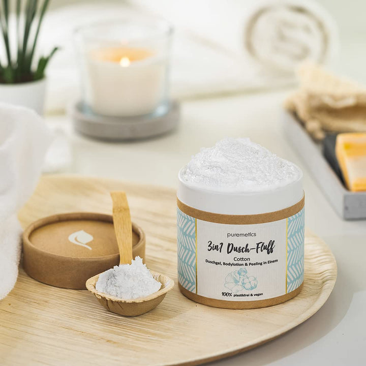 puremetics 3in1 Dusch-Fluff Cotton mit Zuckerpeeling, 250g Duschgel, Peeling und Lotion in Einem, ve