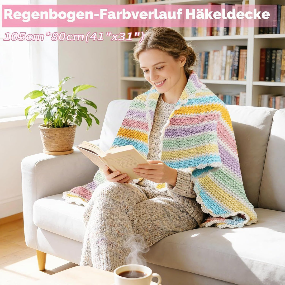 Alvian Häkelset für Anfänger, Regenbogen-Decke, Häkeln, DIY-Strick-Starter-Set, enthält Garn, Metall