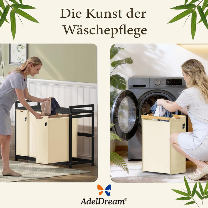 AdelDream Wäschekorb 4 Fächer Wäschesammler 200L Schwarzer Rahmen Wäschewagen mit Ablagen Ablagefläc
