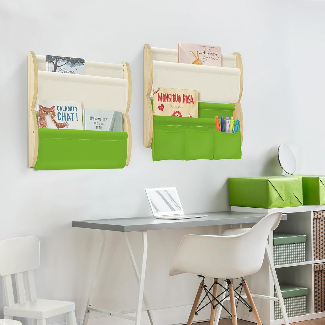 Bücherregal Kinder Wand Kinderbücherregal Montessori mit 4 Ablagen &amp; 3 Taschen Kinderregal Wandregal