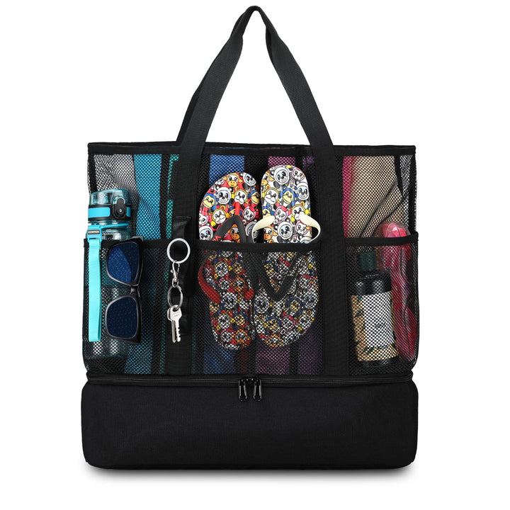8 Taschen Tote Mesh Strandtasche Damen Gross Faltbare mit Wasserdichter Kühltasche für Spielzeugaufb