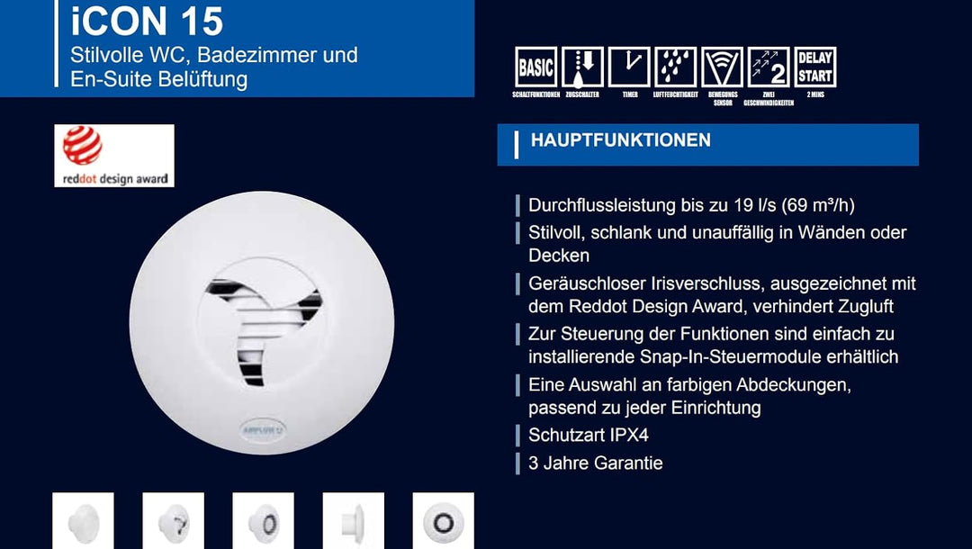 Airflow iCON 15 Feuchtigkeitssensor Badezimmer-Abluftventilator 19 l/s – 100 mm/4" – Mit Feuchtigkei