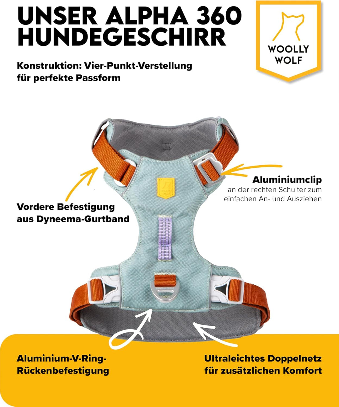 Woolly Wolf Alpha 360 Dog Harness S Gletschergrün - Hundegeschirr für kleine Hunde aus 100% recycelt