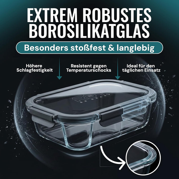 RDY® Meal Prep Glas-Boxen Set 5x 1500ml - luftdichte Glasbehälter Mikrowelle, Backofen, Gefrierfach