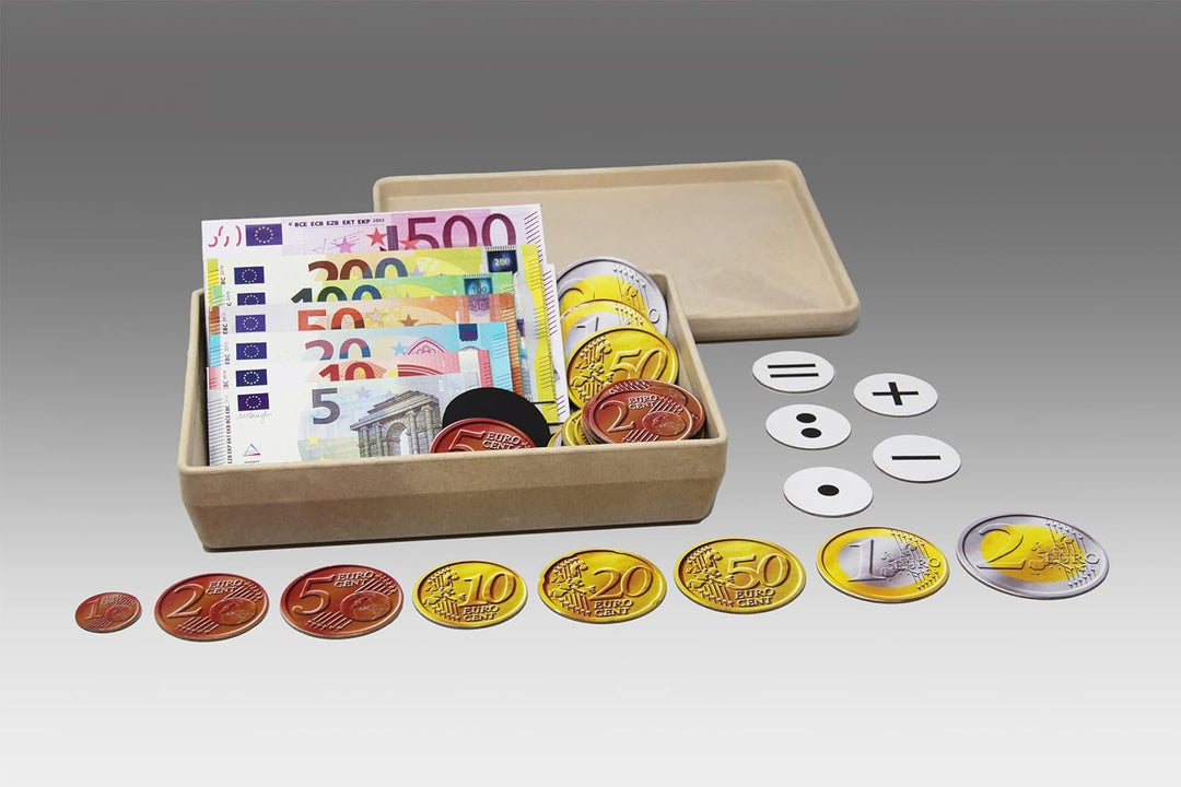 WISSNER® Magnetisches Euro Spielgeld – 100 Teile Set mit Scheinen, Münzen &amp; Rechenzeichen, ideales L