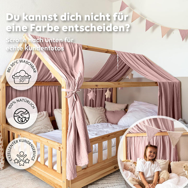 Hausbett Himmel mit Gold Applikation [in 12 Farben] Betthimmel Hausbett aus 100% Baumwolle Musselin