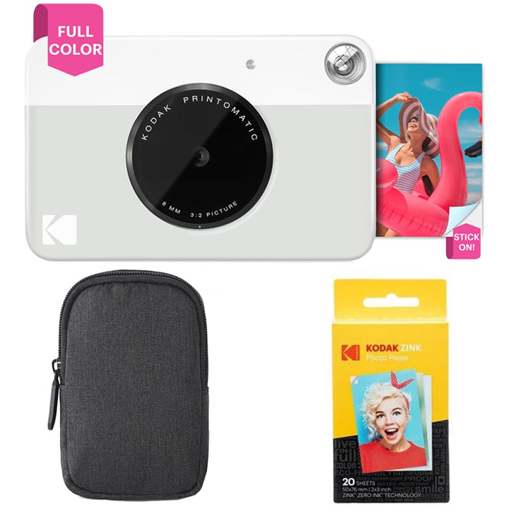KODAK Printomatic Sofortbildkamera (Grau) Basis-Paket + Zinkpapier (20 Blätter) Etui + Bequemer Hals