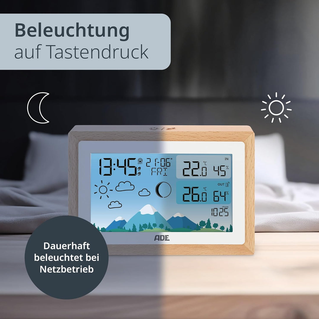 ADE Wetterstation Funk mit Aussensensor | Innen- und Aussentemperatur mit Wettervorhersage | Hygrome