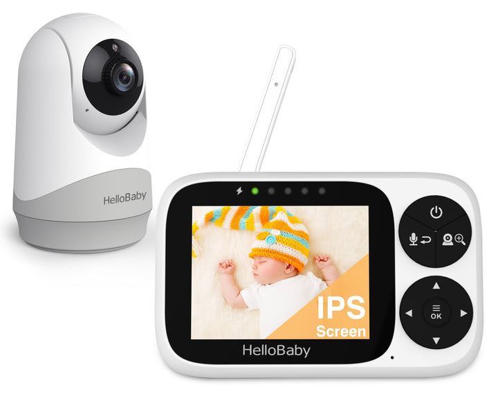 HelloBaby Babyphone mit Kamera, Ohne WLAN, 3,2-Zoll-IPS-Bildschirm, Nachtsicht, Schwenken, Neigen Zo