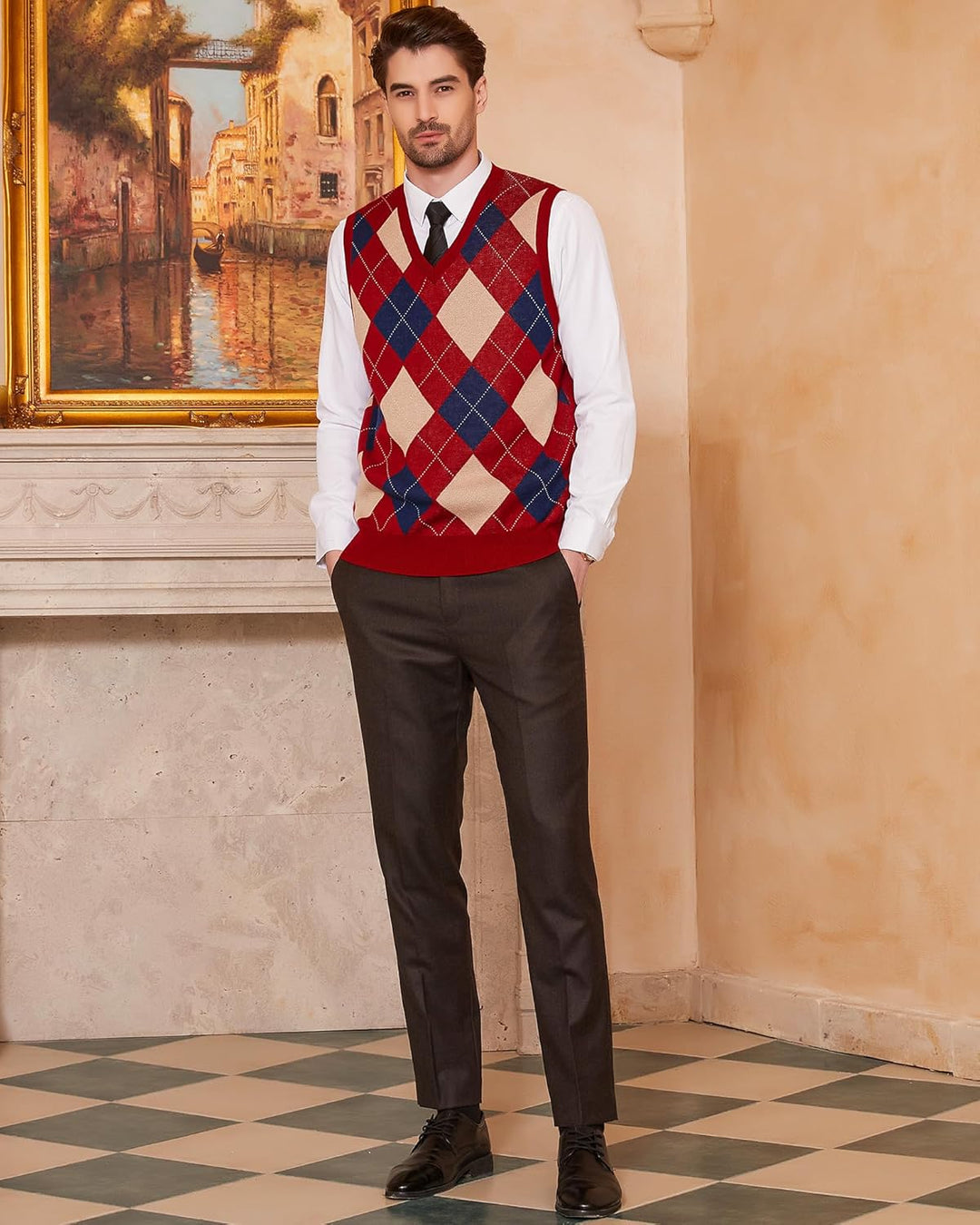 Kallspin Herren Argyle Gestrickt Ärmellos Pullover Wollmischung V-Ausschnitt Strickwesten XXL Burgun