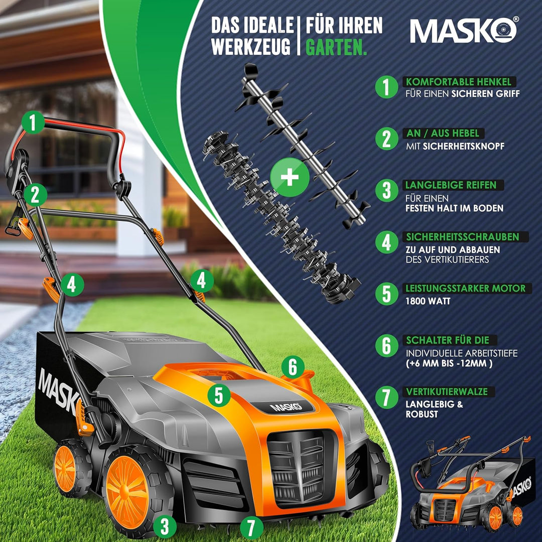 MASKO® Elektro 2in1 Vertikutierer Rasenlüfter 1800 Watt 40cm Arbeitsbreite 55L Fangkorb inkl. Lüfter