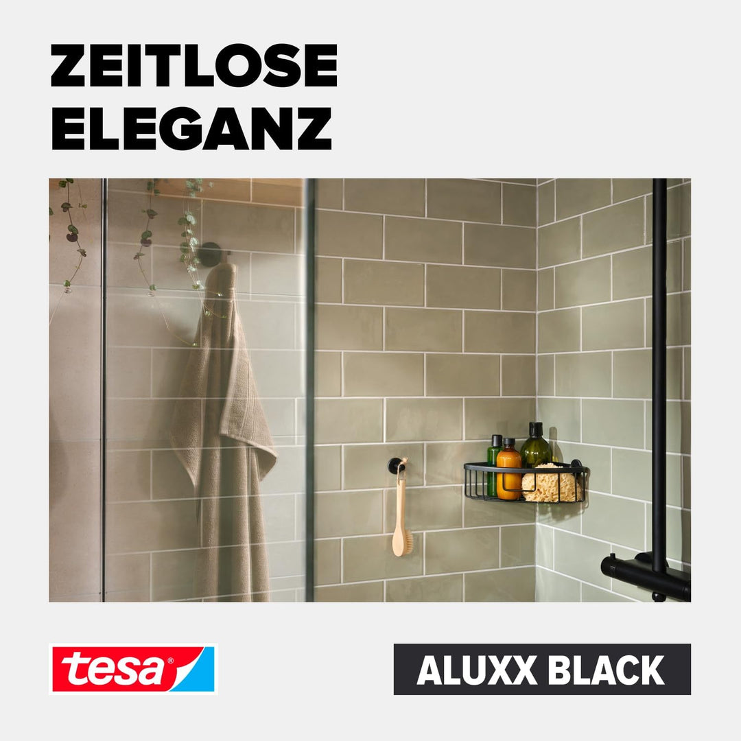 tesa ALUXX BLACK Duschablage zur Wandmontage ohne Bohren, schwarz matt - einstöckig und extra tief -