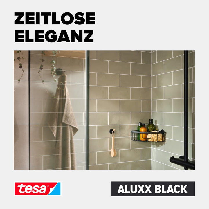 tesa ALUXX BLACK Duschablage zur Wandmontage ohne Bohren, schwarz matt - einstöckig und extra tief -