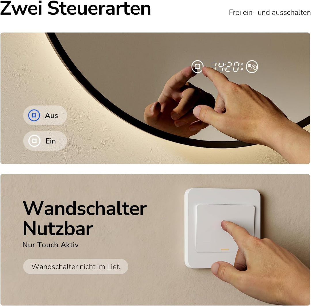 EMKE LED Badspiegel Rund Spiegel mit Beleuchtung ф70cm Badspiegel Schwarzer Rand Badezimmerspiegel m