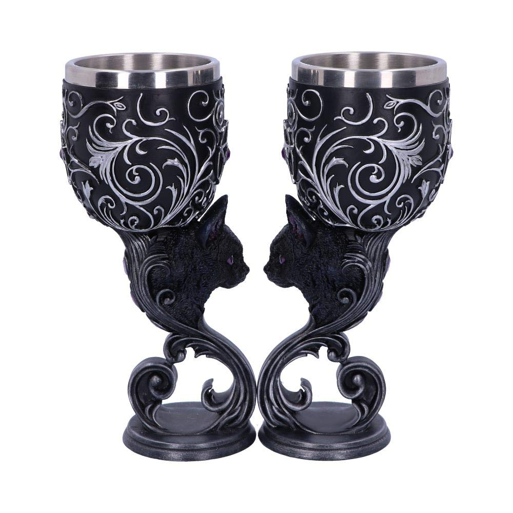 Nemesis Now Hex Twin Cat Heart Set mit Zwei Kelchen, Harz mit Edelstahl-Einsatz, Schwarz und Silber,
