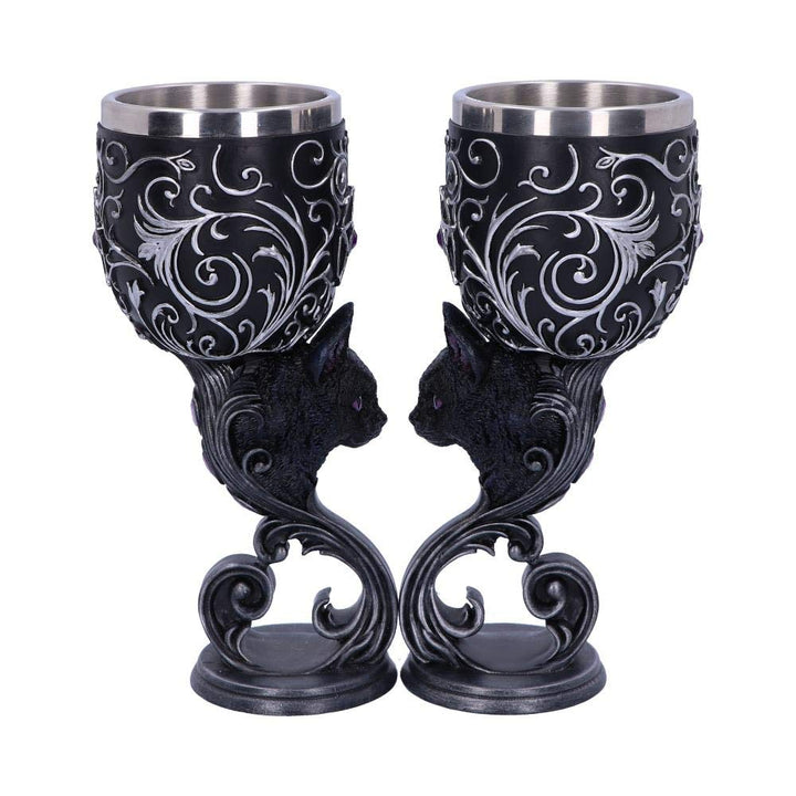 Nemesis Now Hex Twin Cat Heart Set mit Zwei Kelchen, Harz mit Edelstahl-Einsatz, Schwarz und Silber,