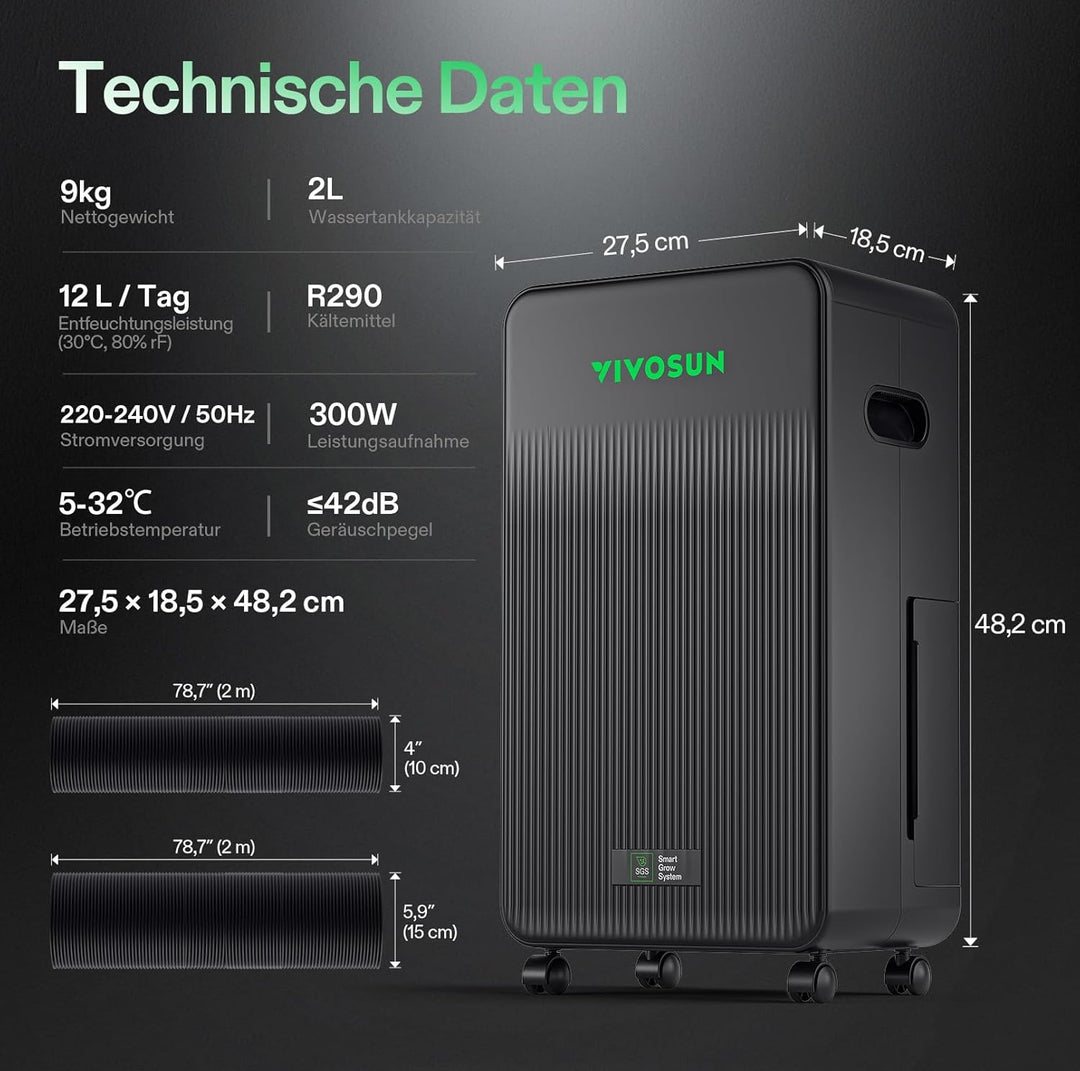 VIVOSUN AeroDrain D12 Luftentfeuchter Elektrisch 12L/Tag mit 2L Tank, Smart Dehumidifier mit Tempera