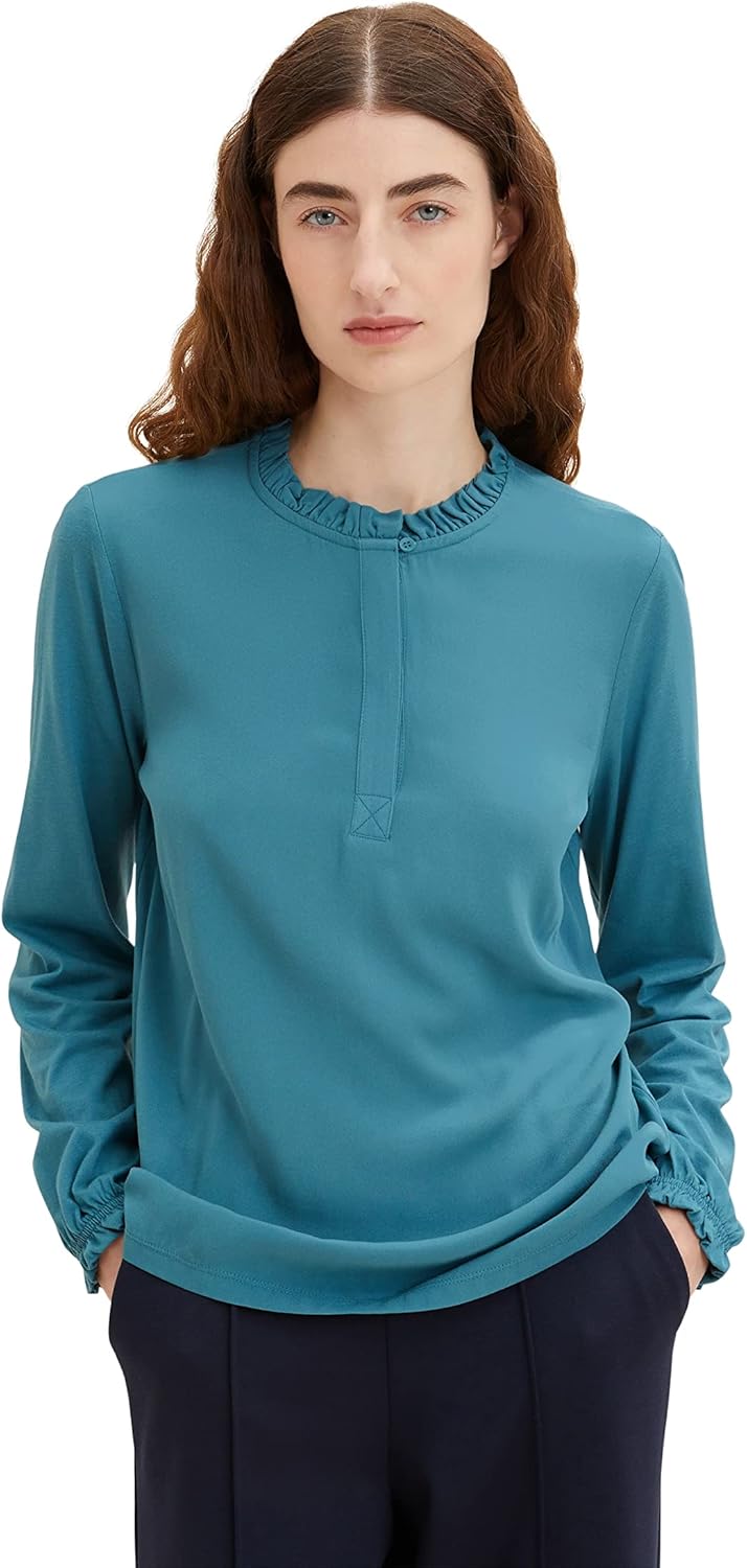 TOM TAILOR Damen Langarmshirt mit Rüschendetail XL 13222 - Pastel Teal, XL 13222 - Pastel Teal