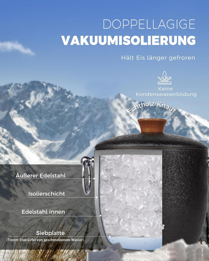 Poliviar Edelstahl Eiswürfelbehälter mit Deckel u. Zange- 2,5 Liter Doppelwandiger Eisbehälter- Eise