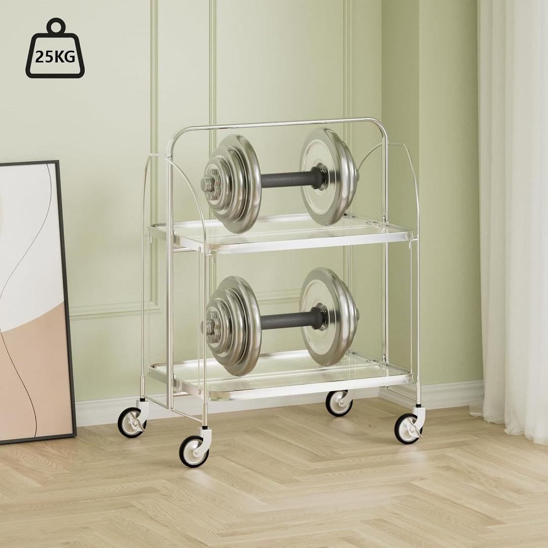 Servierwagen mit Rollen, Servierwagen Klappbar, Dinett 2 Tier Ablagekorb aus Temperglas with Wheels,