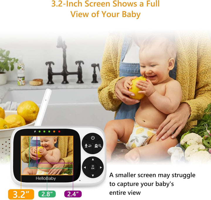 HelloBaby Babyphone mit Kamera, Ohne WLAN, 3,2-Zoll-IPS-Bildschirm, Nachtsicht, Schwenken, Neigen Zo