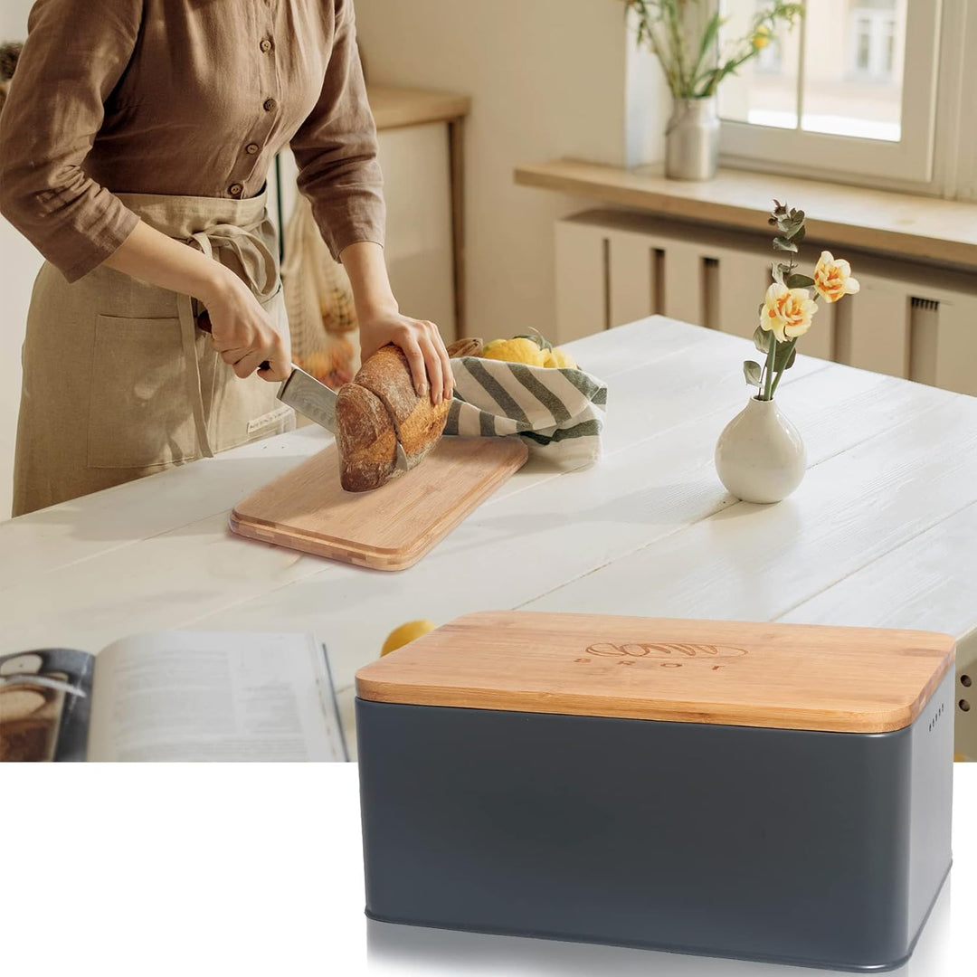 Theo&Cleo Brotkasten mit Schneidebrett , 33x21x15cm , Matte Brotbox mit Bambusdeckel und Leinen Brot