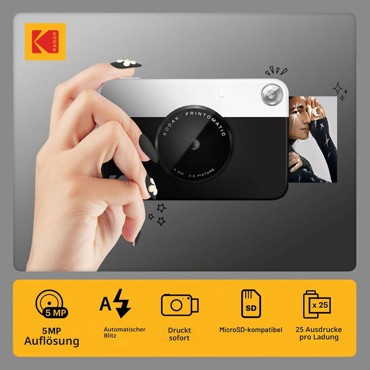 KODAK Printomatic Sofortbildkamera (Schwarz) Basis-Paket + Zinkpapier (20 Blätter) Etui + Bequemer H