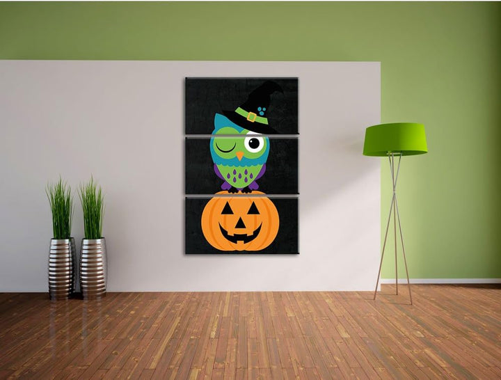 Pixxprint Lustige Hexen Eule als Leinwandbild/Grösse: 3 Teilig (120x80) cm/Wandbild/Kunstdruck/ferti