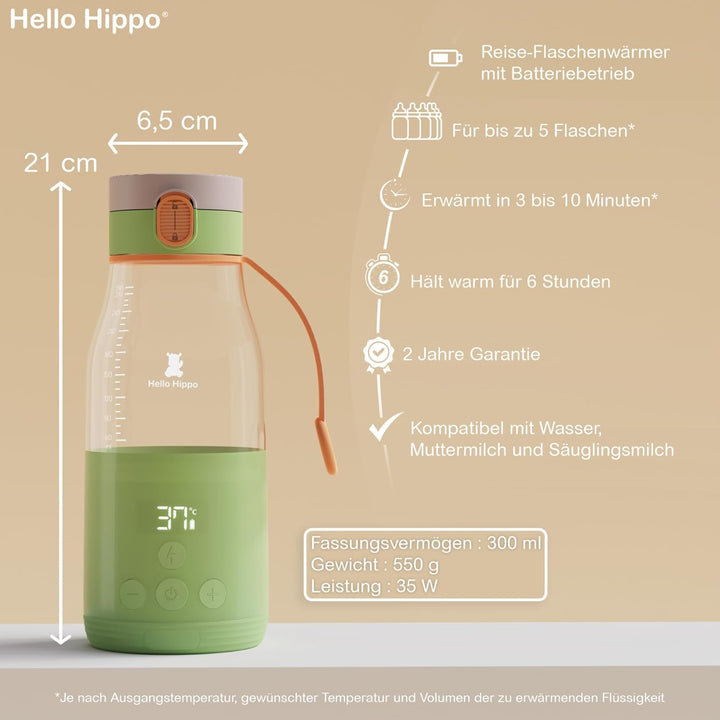 HELLO HIPPO® Premium Flaschenwärmer Nomade, tragbar, USB, 300 ml - kabellos auf Batterie - ideal Rei