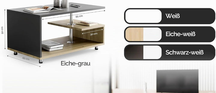 Casaria® Couchtisch Grau Holz Modern mit Stauraum 95x55cm Edelstahl Füsse Rund Höhenverstellbar Abla