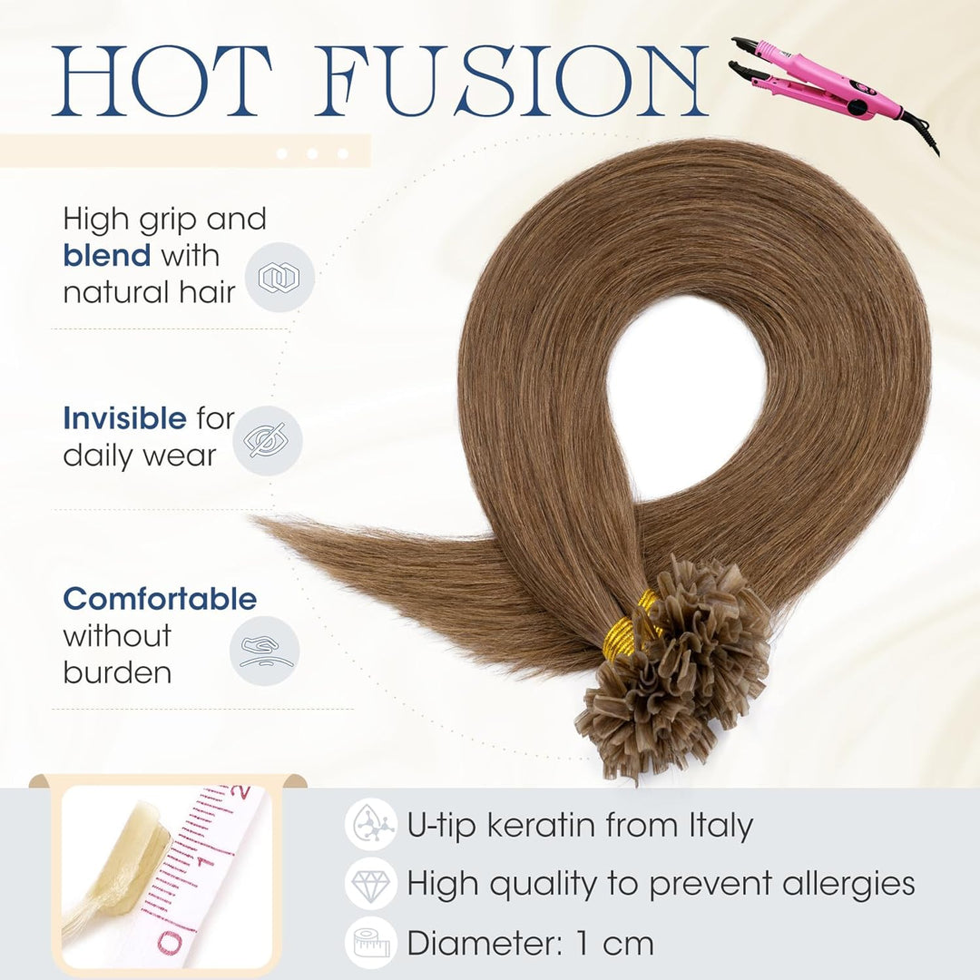 Elailite Bondings Extensions Echthaar #6 Hellbraun, 50g 40cm U Tip Hair Extensions Keratin 100 Sträh