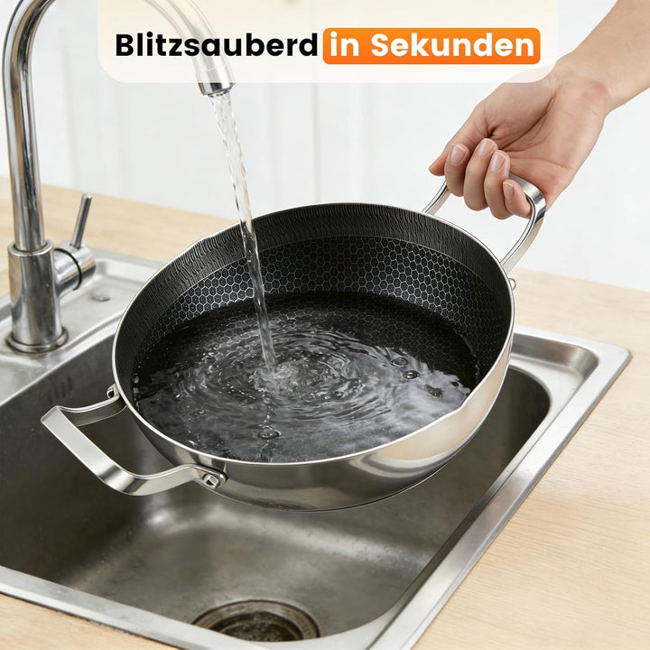 Schmorpfanne hoher Rand, Pfanne mit Deckel aus Glas,Wabenpfanne mit kratzfester Antihaftbeschichtung